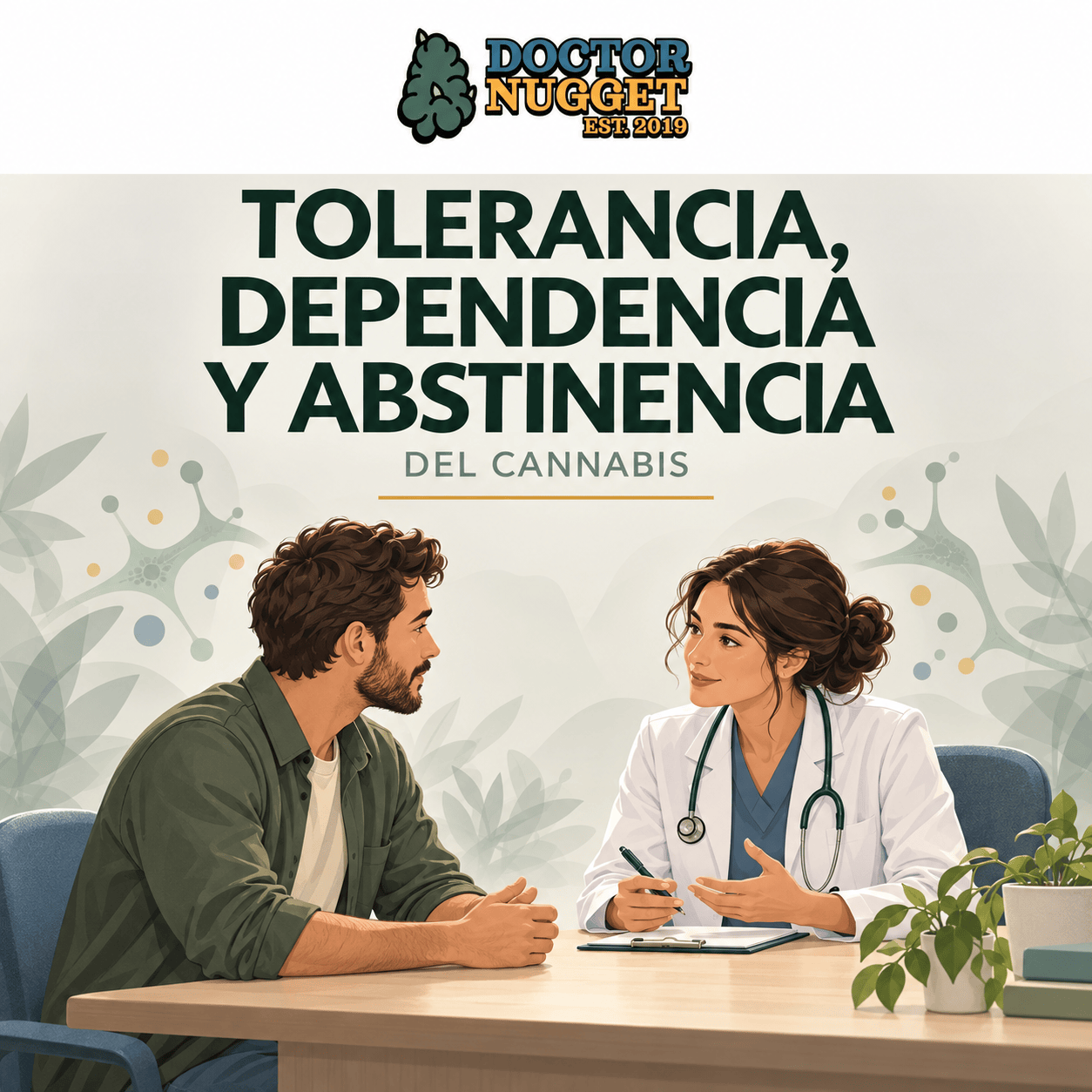 Portada de Dr. Nugget sobre tolerancia, dependencia y abstinencia del cannabis, con un paciente conversando con una profesional de salud.
