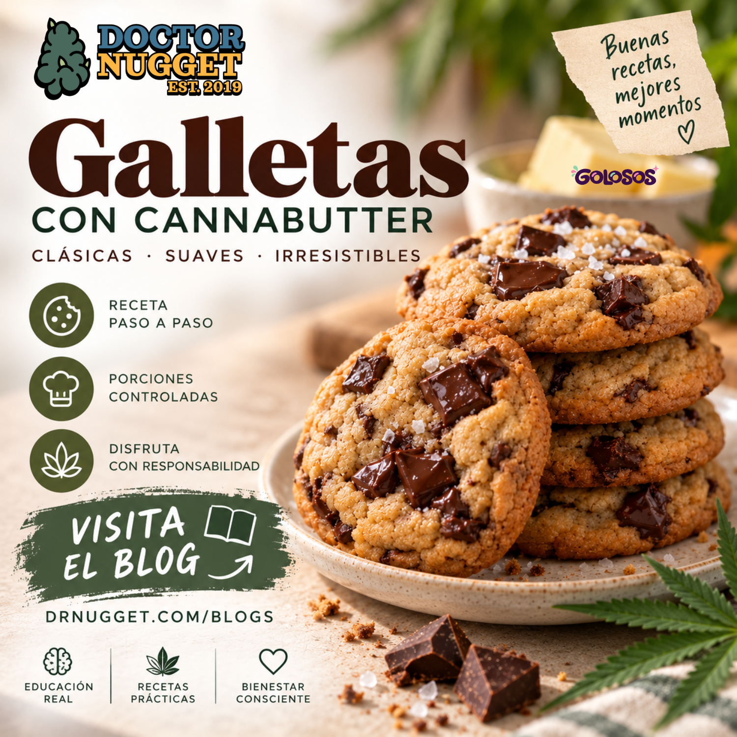 Galletas con chispas de chocolate y cannabutter, receta ilustrada de Dr. Nugget