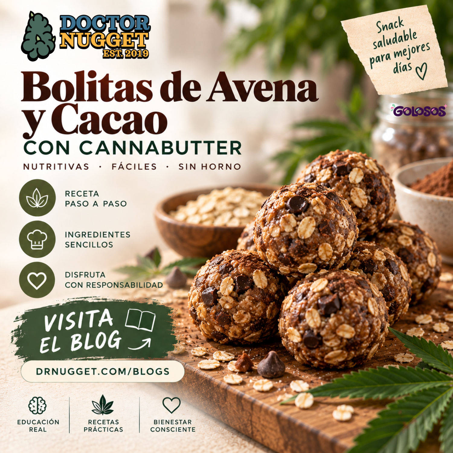 Bolitas de avena y cacao con cannabutter, receta ilustrada de Dr. Nugget
