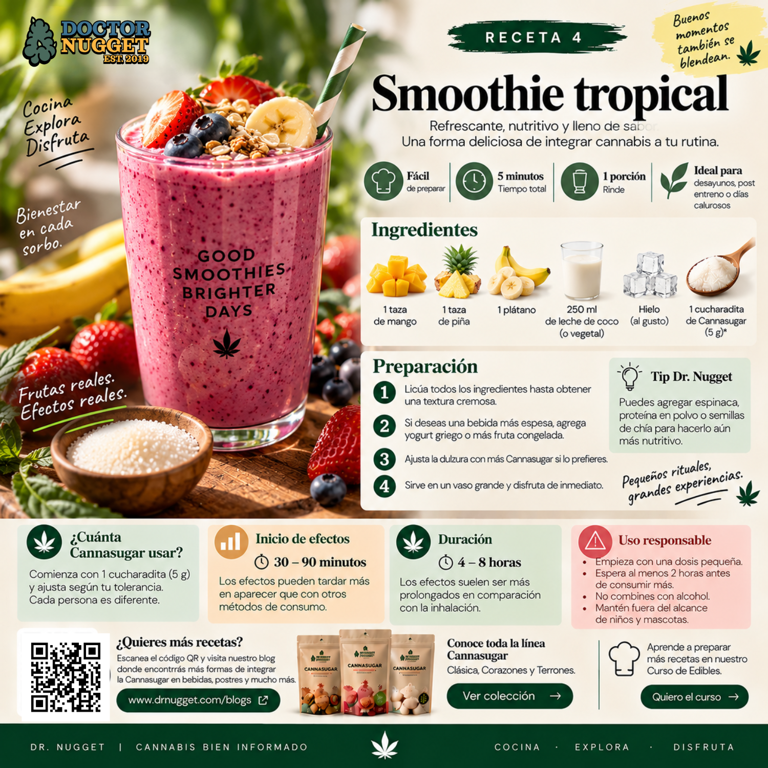 Receta ilustrada de smoothie tropical con Cannasugar