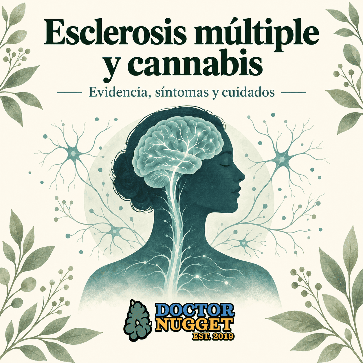 Ilustración del cerebro y sistema nervioso para el tema esclerosis múltiple y cannabis, con el logo de Dr. Nugget.