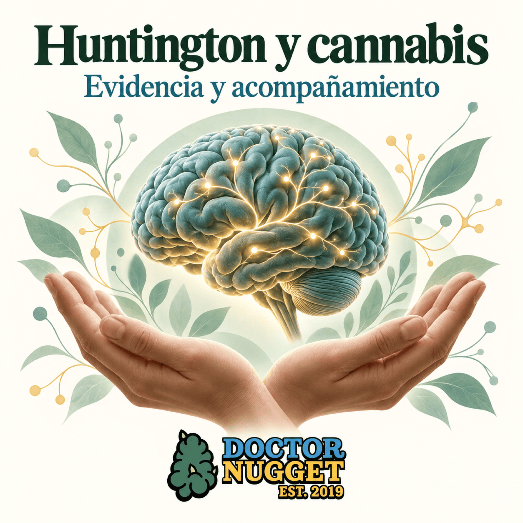 Ilustración de un cerebro sostenido por dos manos, con el título Huntington y cannabis y el logo de Dr. Nugget.